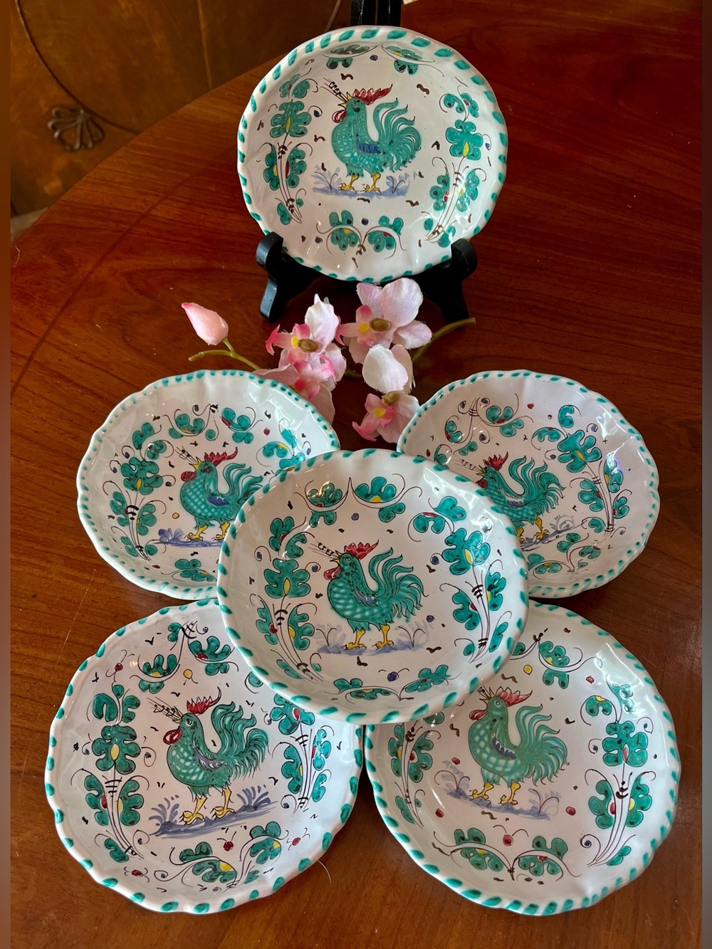 VTG PV Italy Orvieto Green Rooster Pottery Set 25pc: Cups Bowls Sugar & Creamer